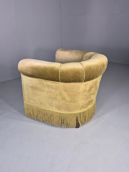 Vintage Danish Art Deco Tub Chair Green Velour Tassels 1940s  EB12710