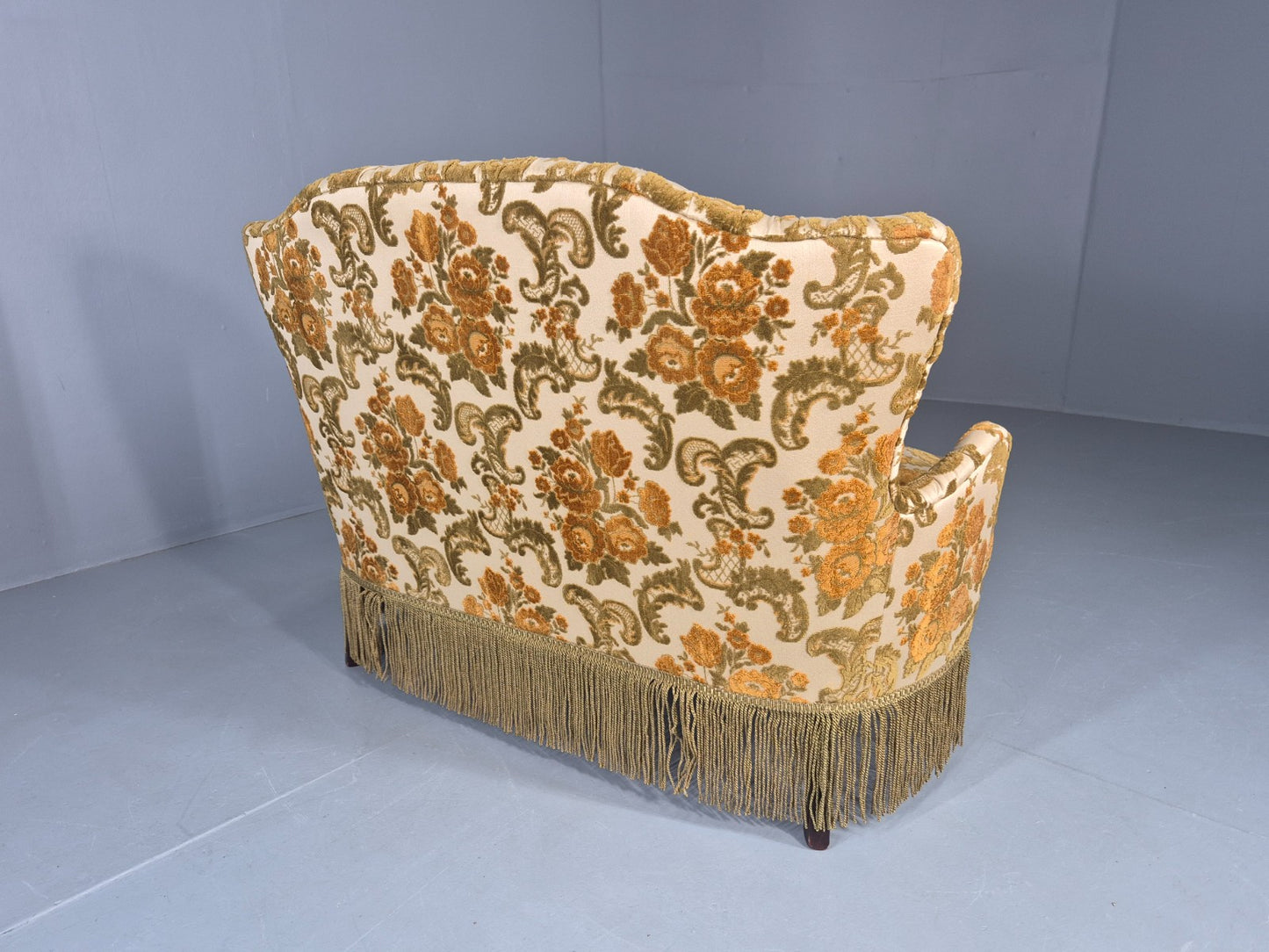 Dinky Danish 2 seat Sofa 1970s Glam Gold Floral Moquette Kitsch Retro EB12738