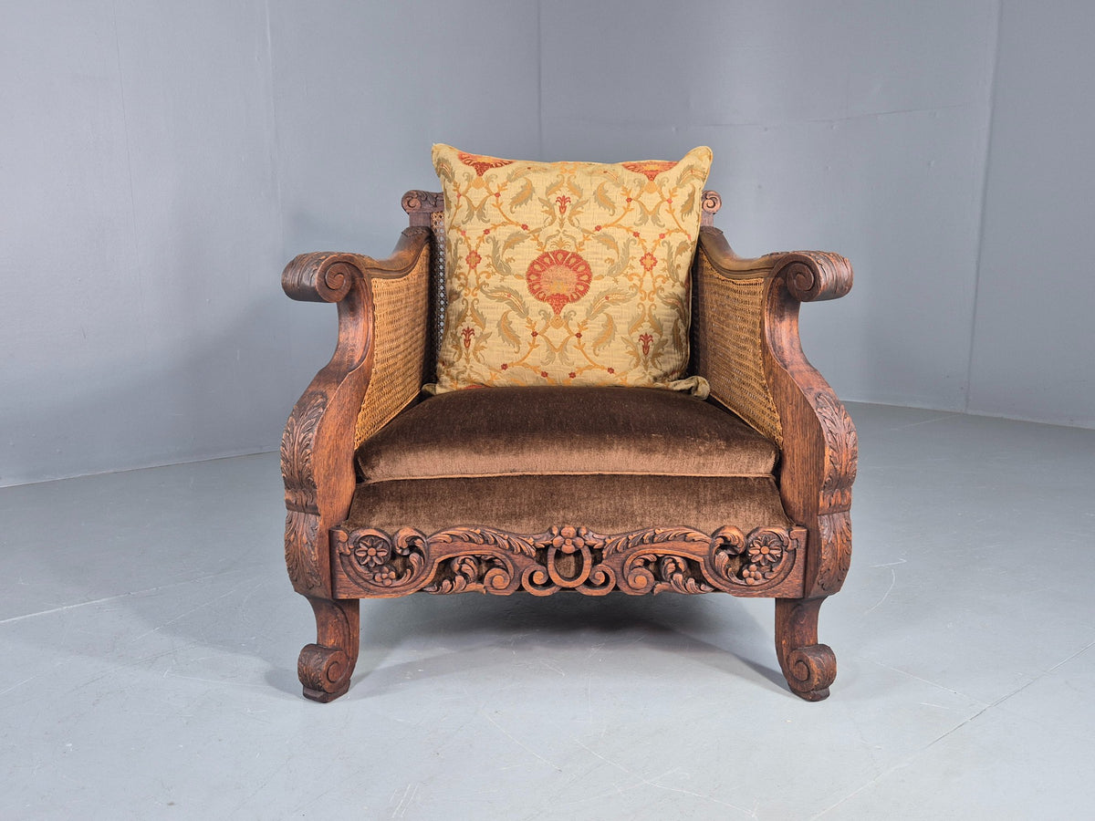 Vintage Danish Oak Lounge Chair Antique Bergere Carving Baroque 1920s EB12678