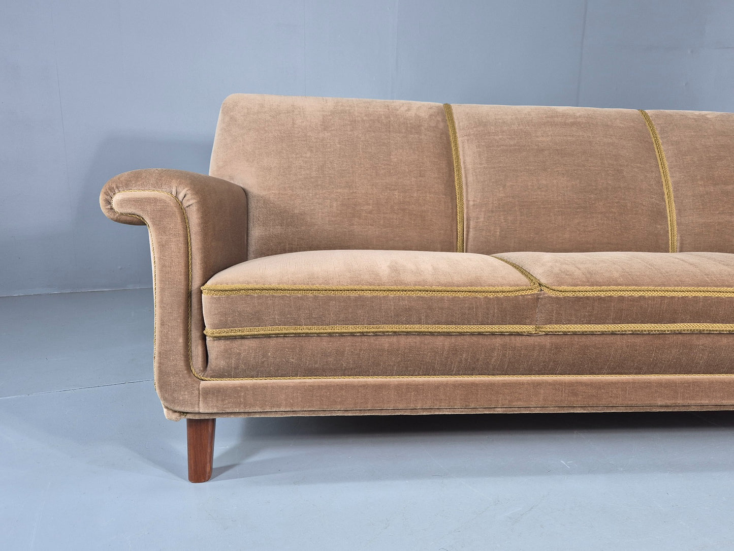 Vintage 3 Seater Sofa Mid Century Danish Green Velour Upholstery 1960s  EB12759