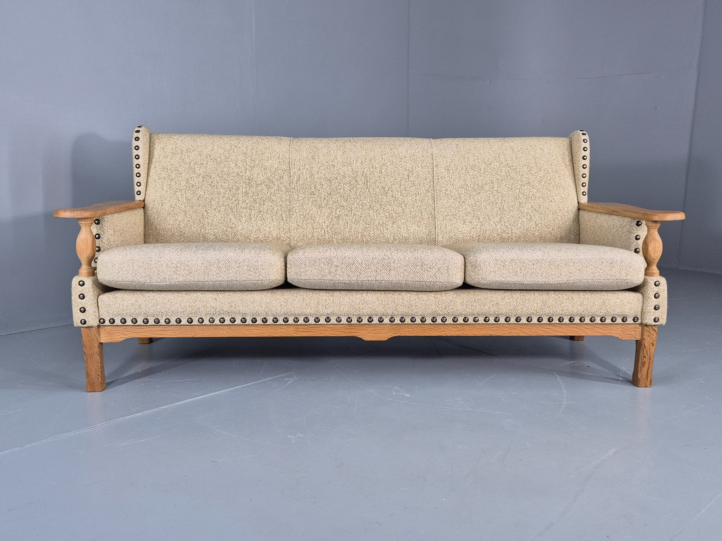 Vintage 3 Seat Sofa Danish 1970s Oak Frame Cream Wool Cloth Retro  EB12753
