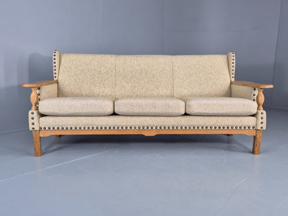 Vintage 3 Seat Sofa Danish 1970s Oak Frame Cream Wool Cloth Retro  EB12753
