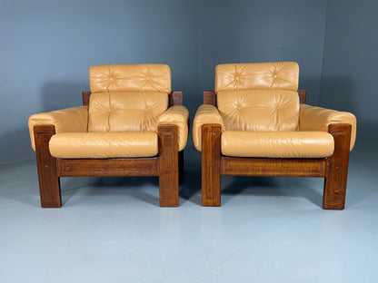 2 Vintage Ekornes Lounge Chairs Caramel Leather 1980s Retro MCM EB06937