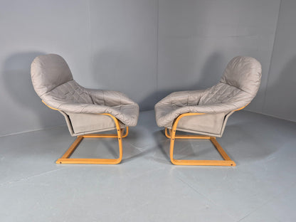 2 Vintage 1980s Leather Lounge Chairs Bentwood Frames Danish Retro MCM EB09253