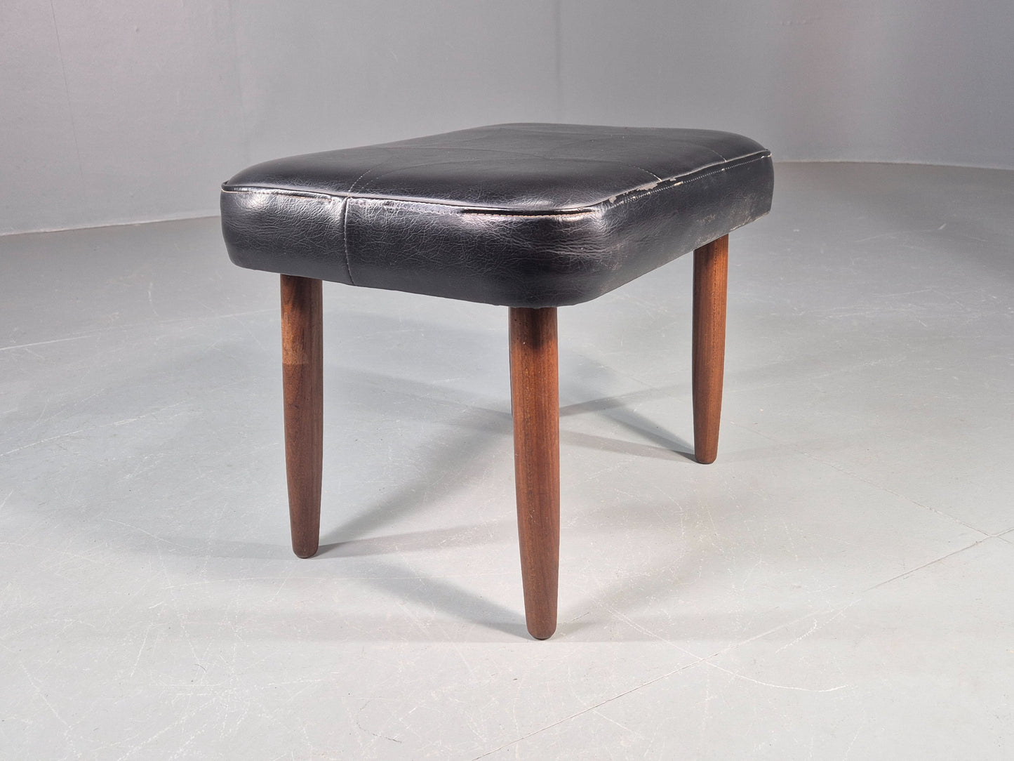 Vintage Danish Mid Century Footstool Black Vinyl Teak Legs Retro 1960s EB12156