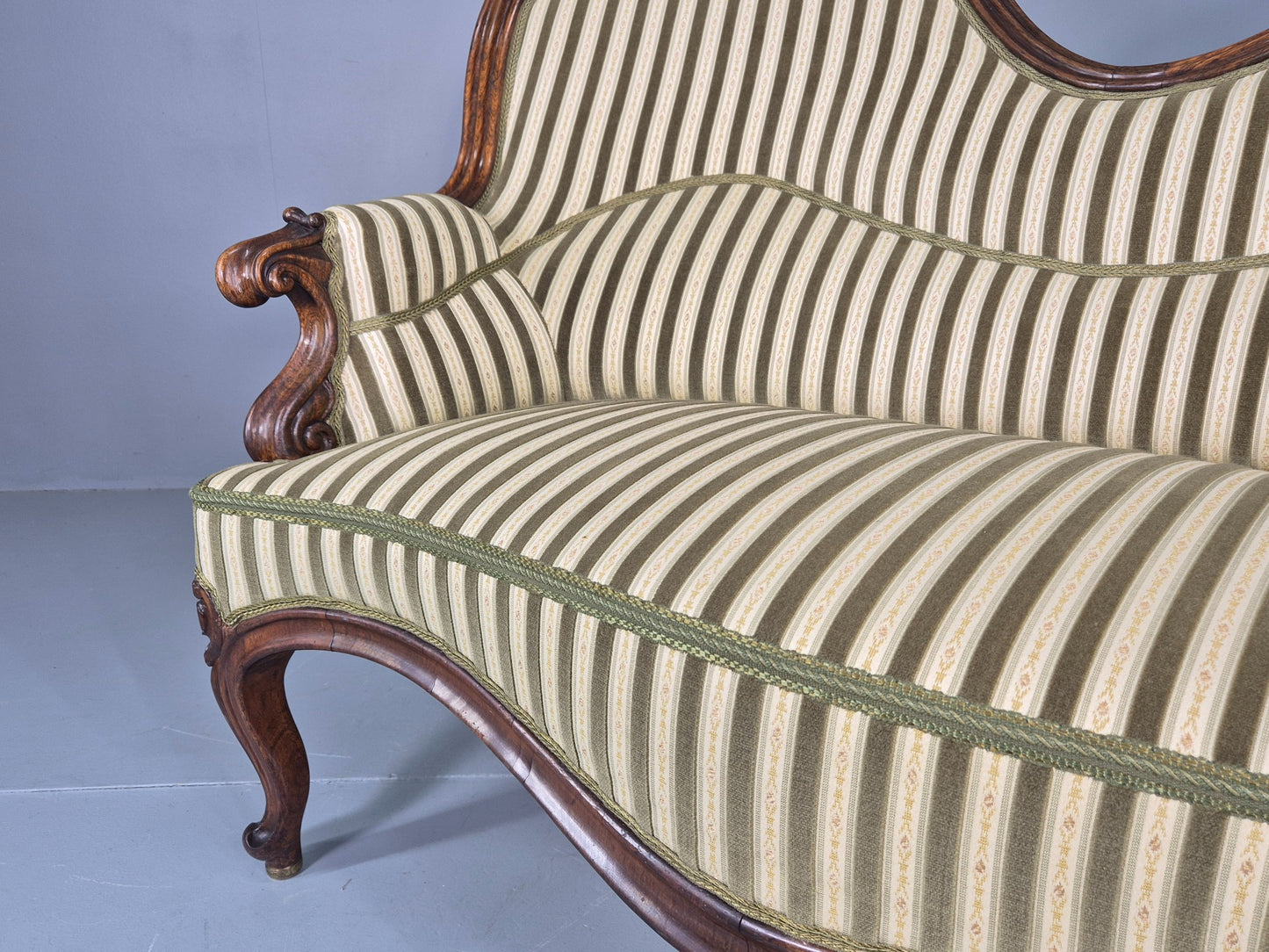 Antique Neo Rococo Serpentine Sofa Danish Mahogany Frame Green Cream EB12702
