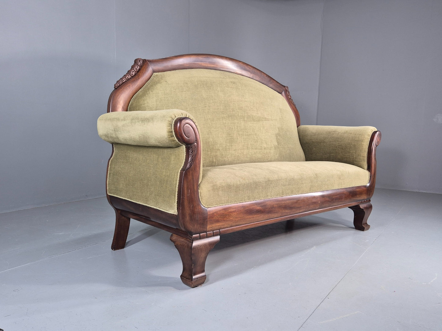 Antique 2 seater Sofa curved back rail Mahogany Exposed Frame 1900s EB12757