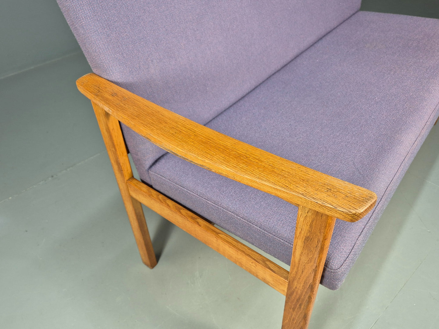 Vintage Danish 2 Seater Bench Sofa Oak Frame Purple Upholstery 1970s MCM EB08693