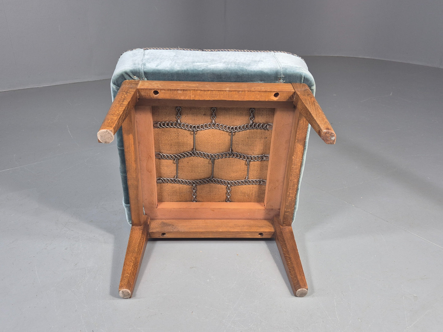 Vintage Danish Mid Century Footstool Blue Velour Upholstery 1950s Retro EB12053