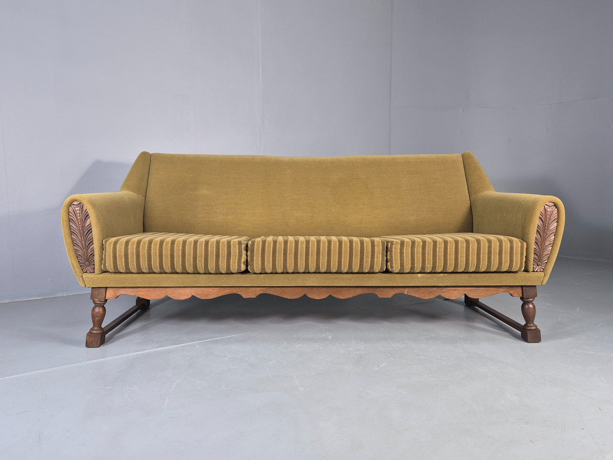 Vintage Danish 3 Seater Sofa 1970s Green Wool on Oak Frame Retro EB12752