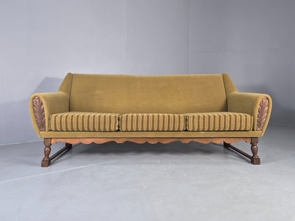 Vintage Danish 3 Seater Sofa 1970s Green Wool on Oak Frame Retro EB12752