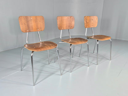 3 Vintage Danish Stacking Industrial Chairs Teak and Steel Retro 1960s EB12404