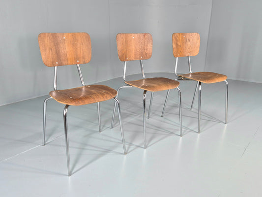 3 Vintage Danish Stacking Industrial Chairs Teak and Steel Retro 1960s EB12404