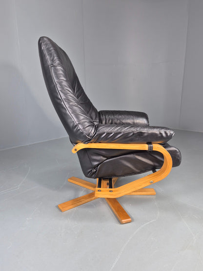 Vintage Danish Swivel Recline Chair Black Leather Bentwood 1980s Retro EB9254