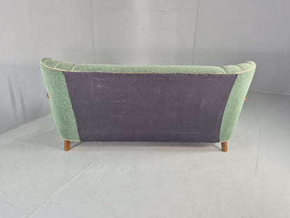 Danish 1950s 3 seater Sofa Shell Back Green Moquette Curved Front EB12768