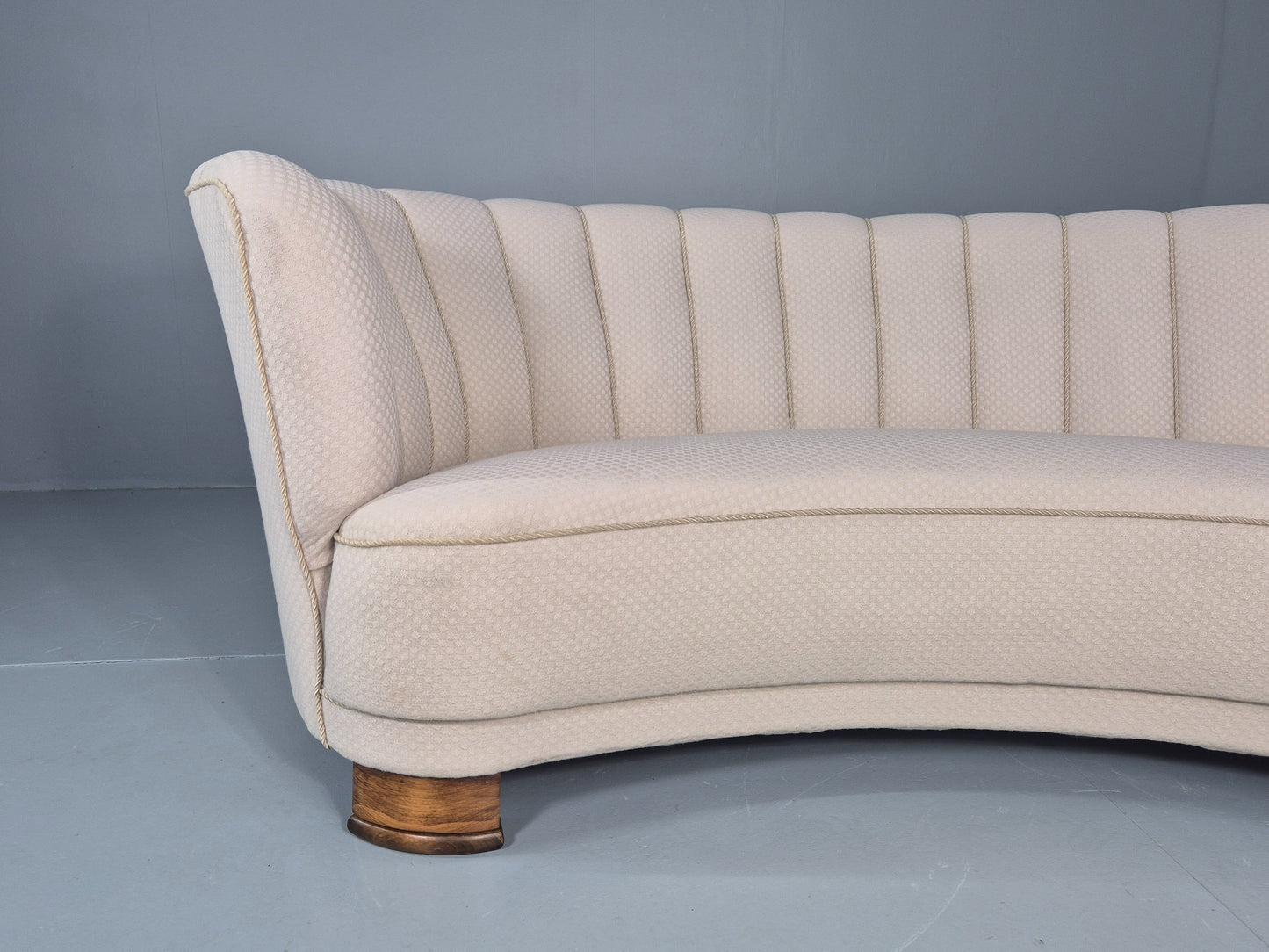 Vintage Danish Banana Sofa Art Deco 3 Seater Cream Cotton Upholstery EB12396