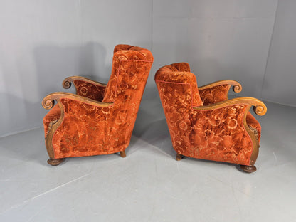 2 Vintage Danish 40s Lounge Chairs Carved Frame Cut Moquette Upholstery EB12906