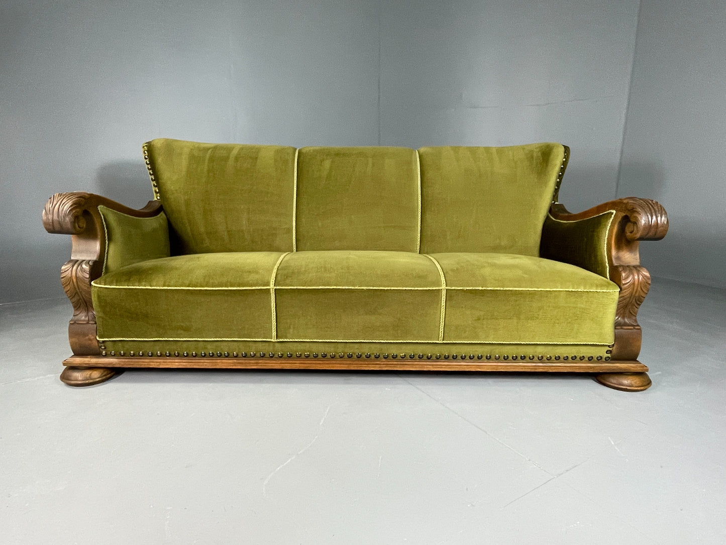 Antique 3 Seat Sofa Danish Oak Frame Green Velour 1900s EB06460