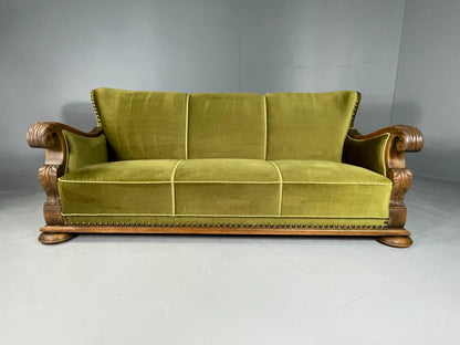 Antique 3 Seat Sofa Danish Oak Frame Green Velour 1900s EB06460