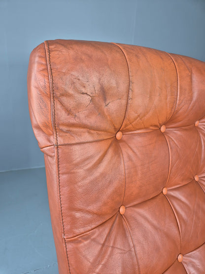 Vintage Danish Lounge Chair Tan Leather swivel and Recline 1970s Retro EB13092