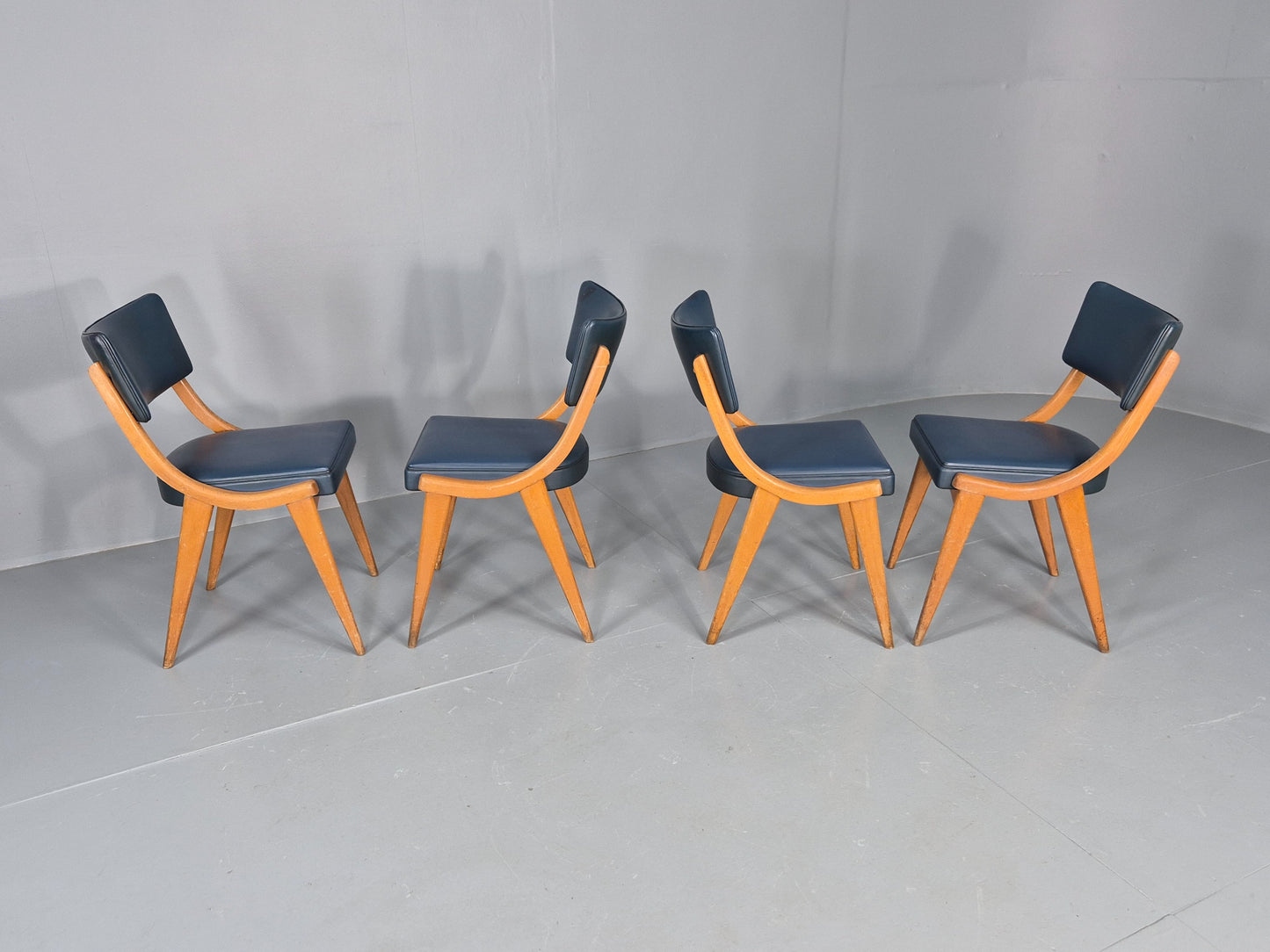 4 Vintage Ben Chairs Blue Vinyl Beech Frames 1960s Retro EB12258