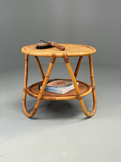 Vintage Rattan Side Table Cane Frame Mid Century Retro Round EB11881