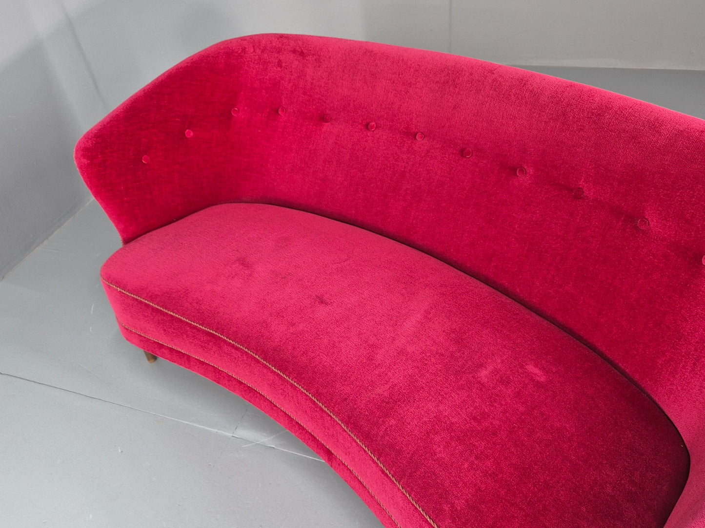 Vintage Danish Banana Sofa 3 Seater Red Velvet Velour 1950s Classic MCM EB12399