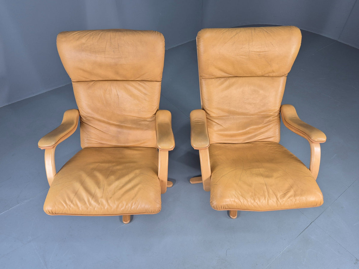 2 Vintage Tan Leather Lounge Chairs 1980s Danish Swivel Bentwood Bases EB13081