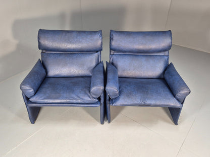 Vintage Saporiti Italian Lounge Chairs Pair Blue Vinyl Retro EB9844