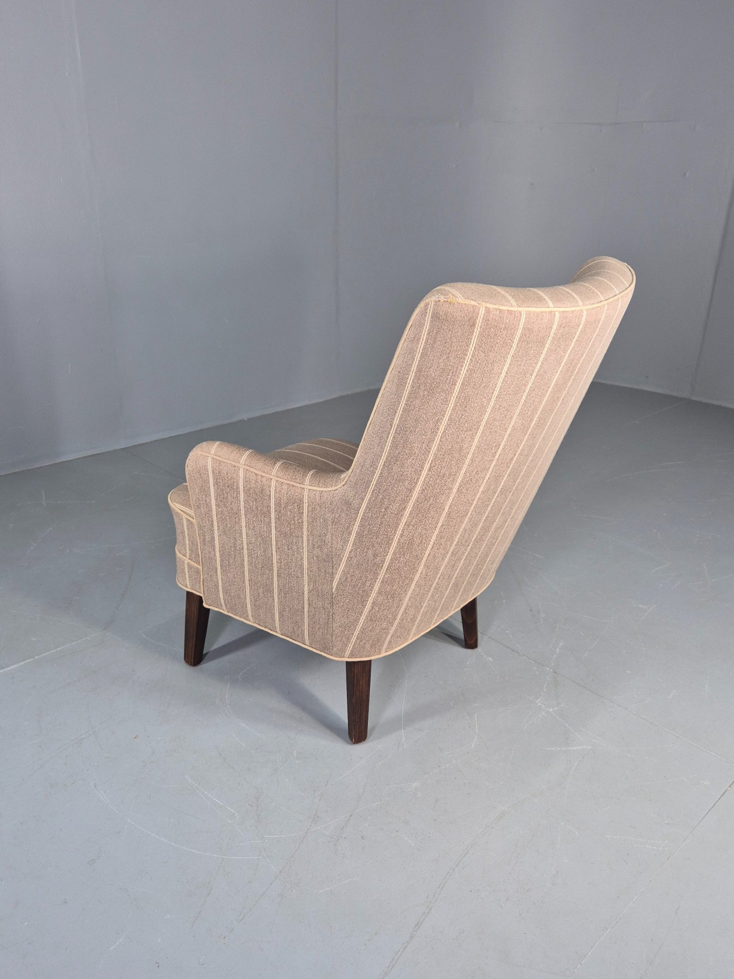 Vintage Danish Mid Century Lounge Chair Grey Cream Stripe 1960s Retro  EB12779