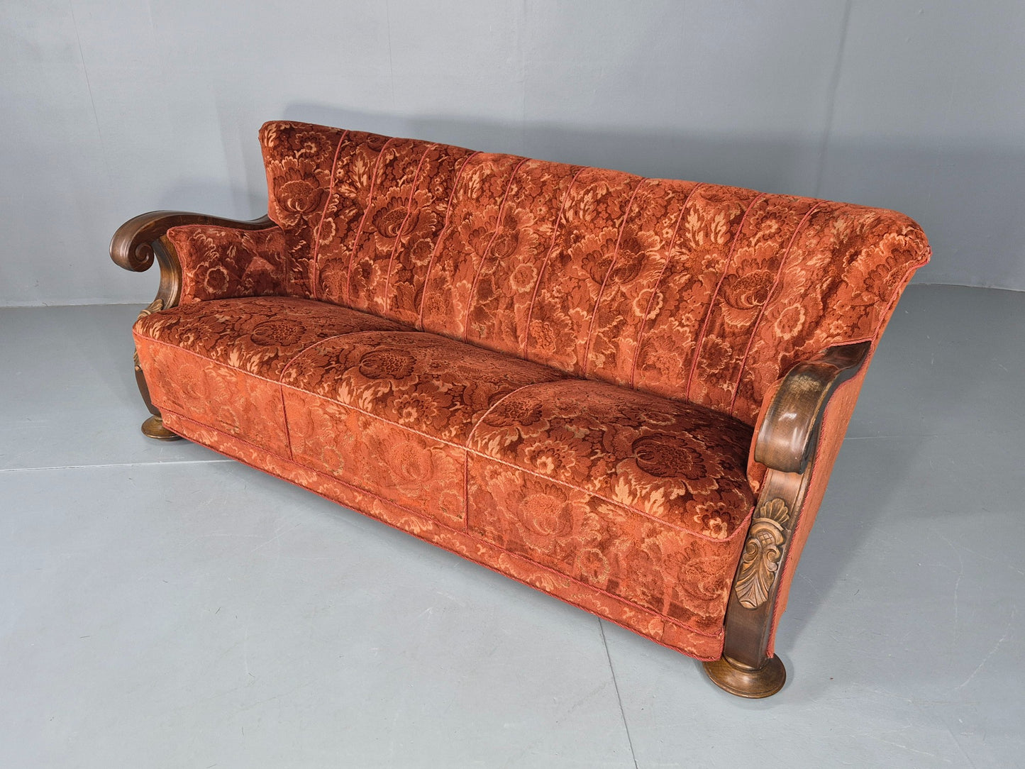 Vintage 3 Seat Sofa Danish Art Deco Era Carved Oak Frame Moquette Cloth EB12751
