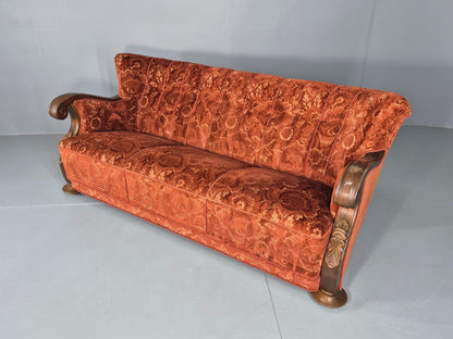 Vintage 3 Seat Sofa Danish Art Deco Era Carved Oak Frame Moquette Cloth EB12751