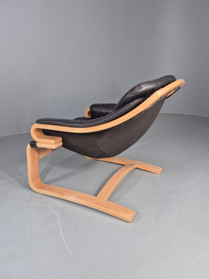 Vintage 1970s Lounge Chair Krokken By Fribytter Leather Bentwood Retro EB11998