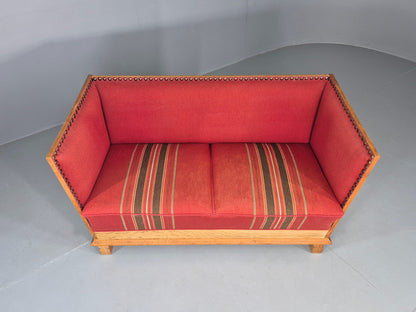 Vintage Danish 2 Seater Sofa Oak Framed Red Stripe Cloth 1970s Retro EB12755