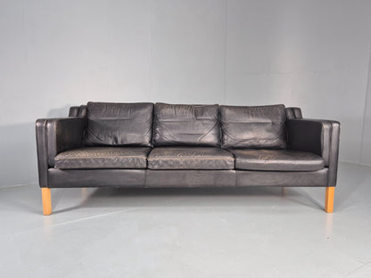 Danish Mid-Century 3-Seater Black Leather Sofa — Vintage Mogensen Style, Solid Wood Frame