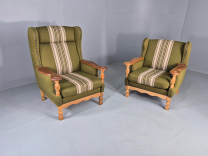 2 Vintage Lounge Chair Kjaernulf Style Oak Frames Green Wool 1970s Retro EB12687