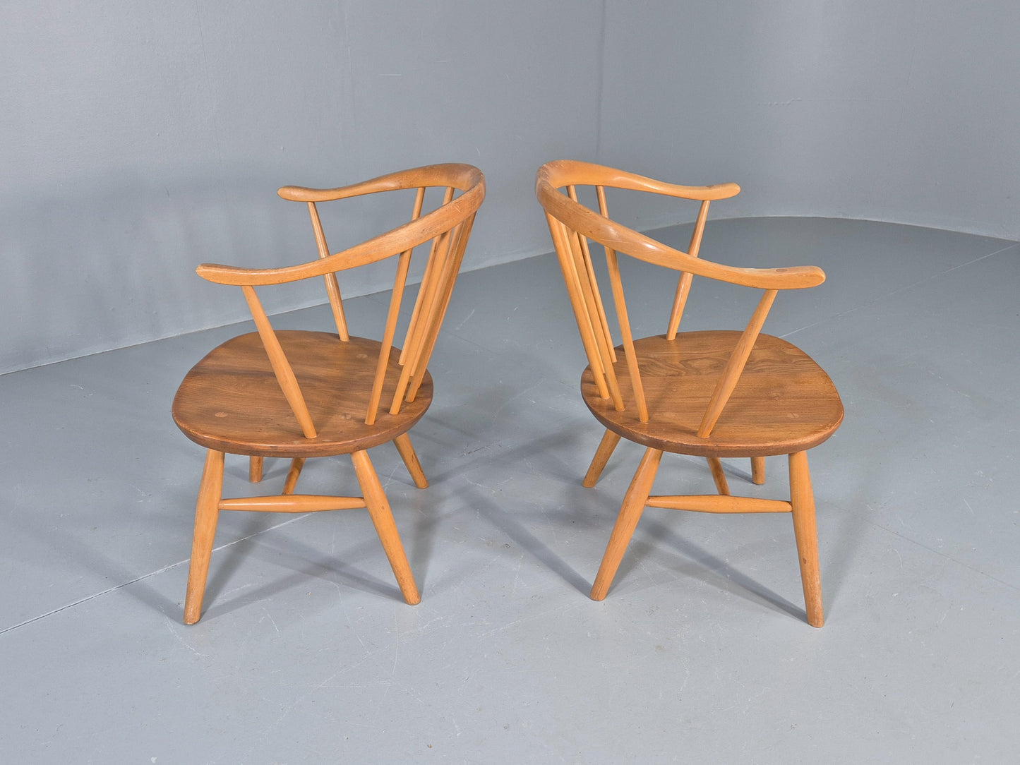 2 Ercol Cowhorn Elbow Chairs Blonde Wood 1960s Short Legged Retro MCM EB12459