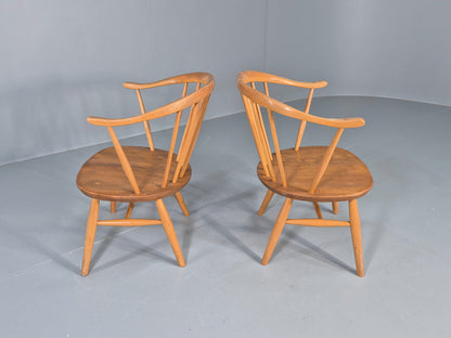 2 Ercol Cowhorn Elbow Chairs Blonde Wood 1960s Short Legged Retro MCM EB12459