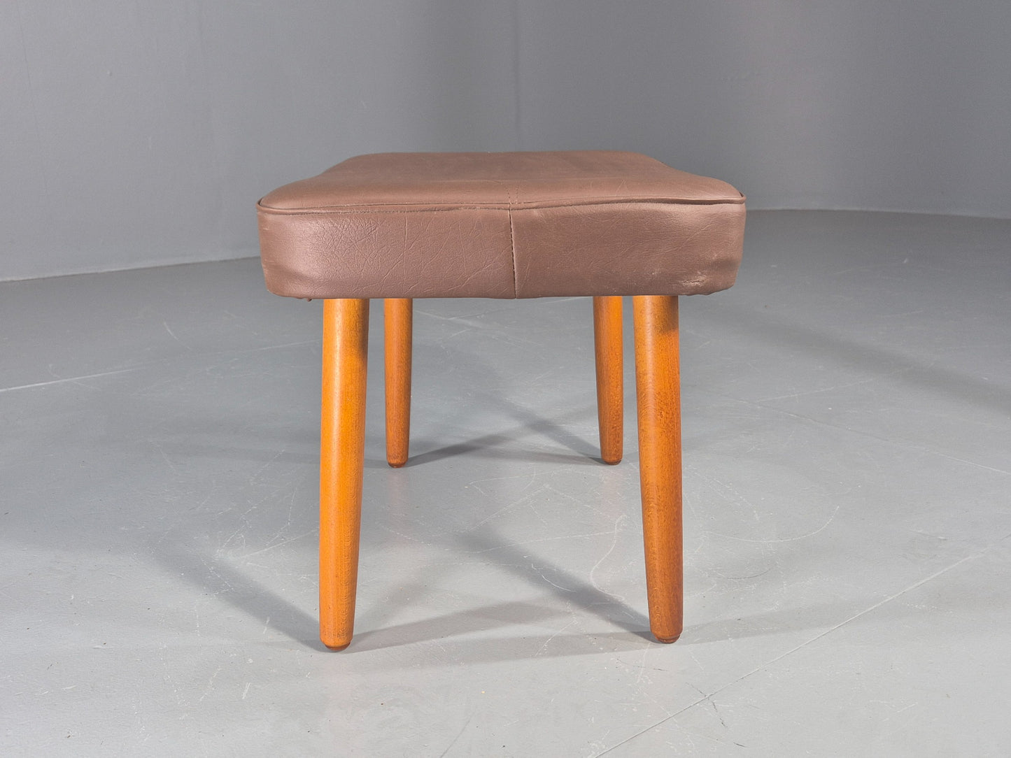 Vintage Danish Mid Century Footstool Brown Vinyl Beech Legs Retro 1960s EB12090
