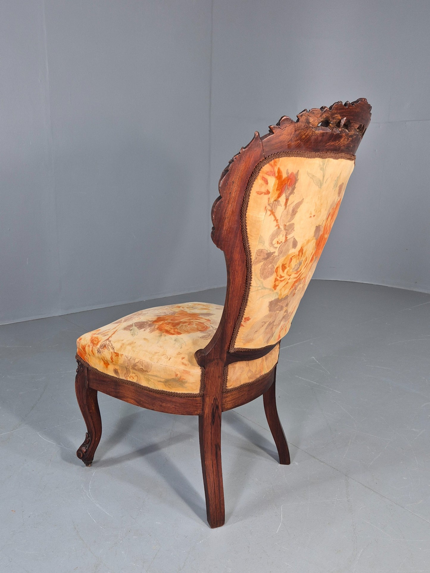 Antique Mahogany Baloon Back Armless Chair Floral Cotton Upholstery EB12793
