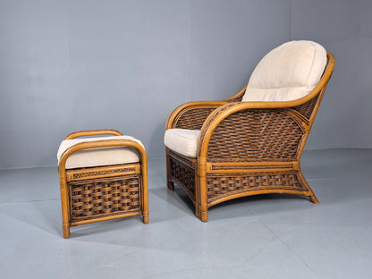 Vintage Bamboo and Rattan Chair and Footstool 1980s Retro Conservatory EB12808
