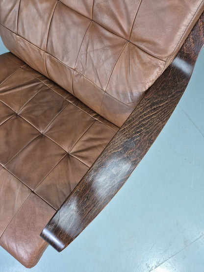Vintage Danish Swivel Rock Lounge Chair Bentwood Frame Leather MCM Retro EB13090