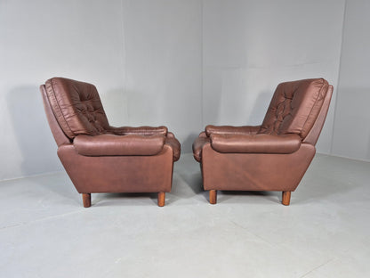 2 Vintage Leather Lounge Chairs 1970s Danish Design Buttoned Retro EB13132