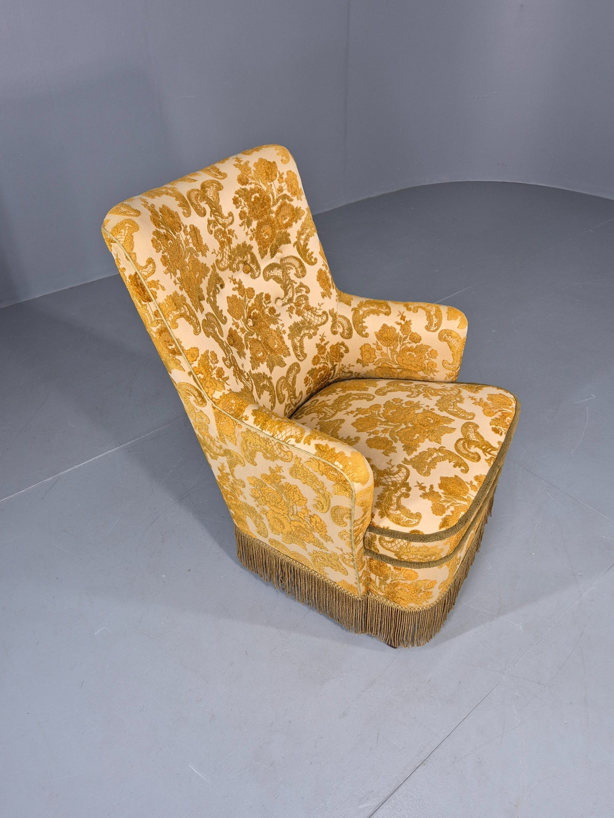 Vintage Danish 1970s Bedroom Tub Chair Gold Floral Flock Tassels EB12685