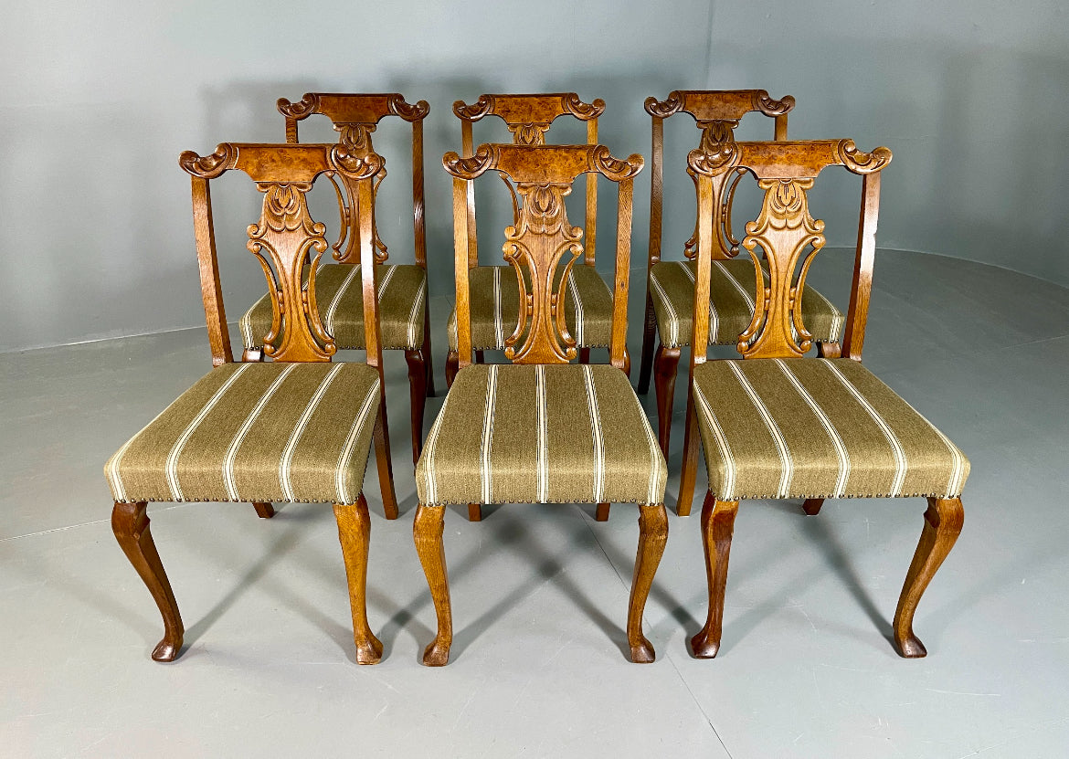 6 Vintage Antique Chippendale Style Danish Dining Chairs Walnut and Oak EB06709