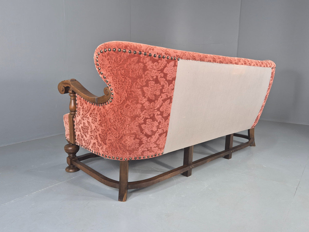 Vintage 3 Seater Sofa Danish Baroque Revival Pink Floral Moquette 1950s EB12698