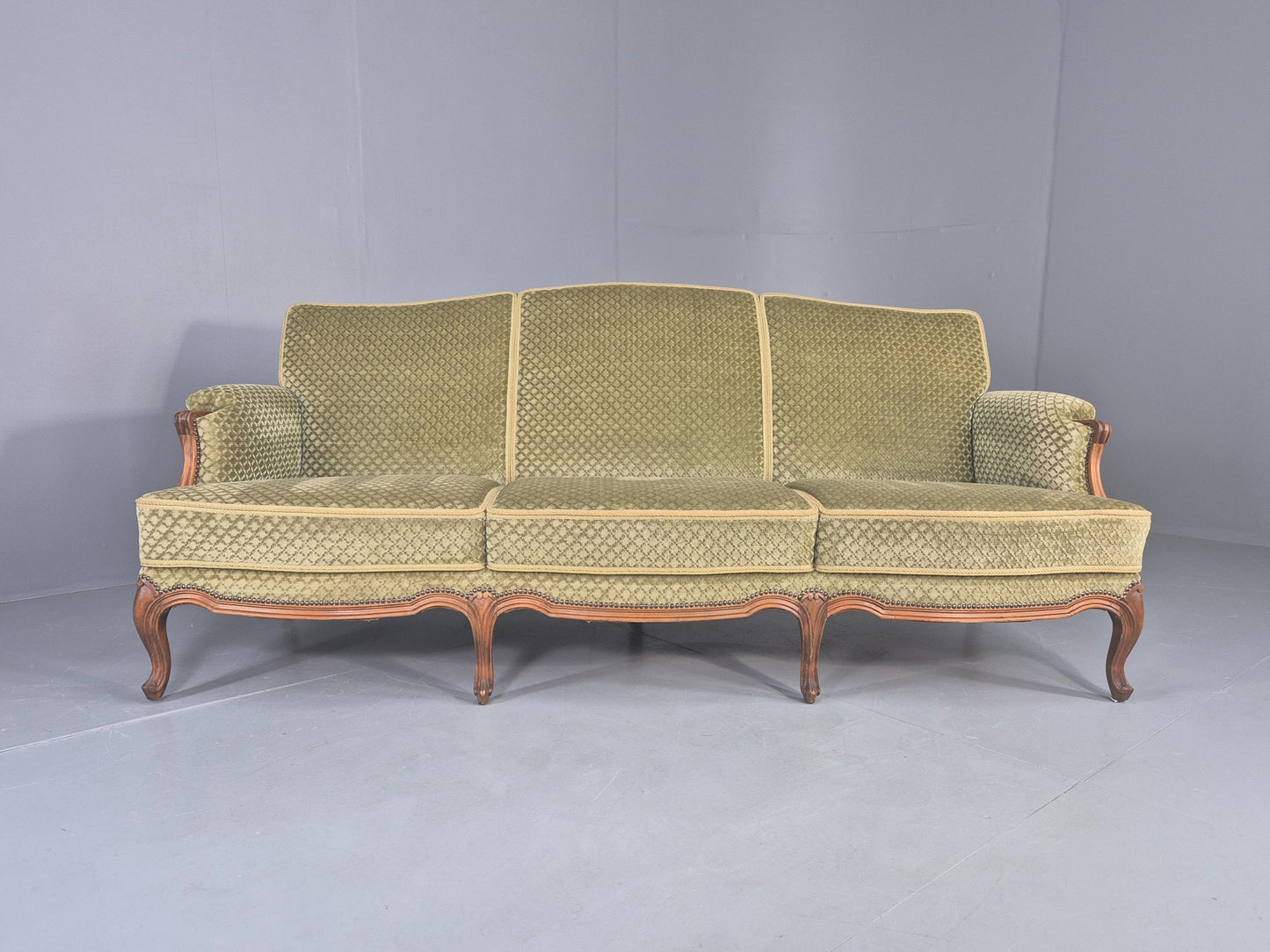 Vintage 3 Seater Sofa  Danish Rococo Style Carved Wood Green Velour  EB12705