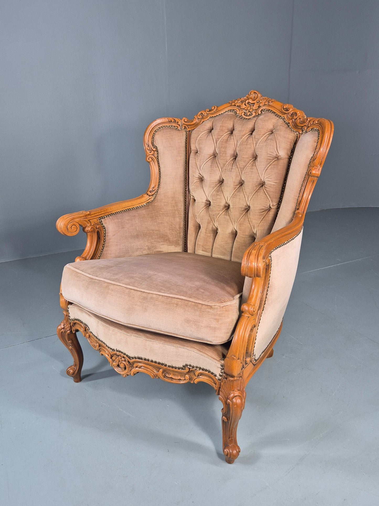 Vintage Danish Rococo Armchair Beech Frame Biege Velour 1970s Retro EB12718
