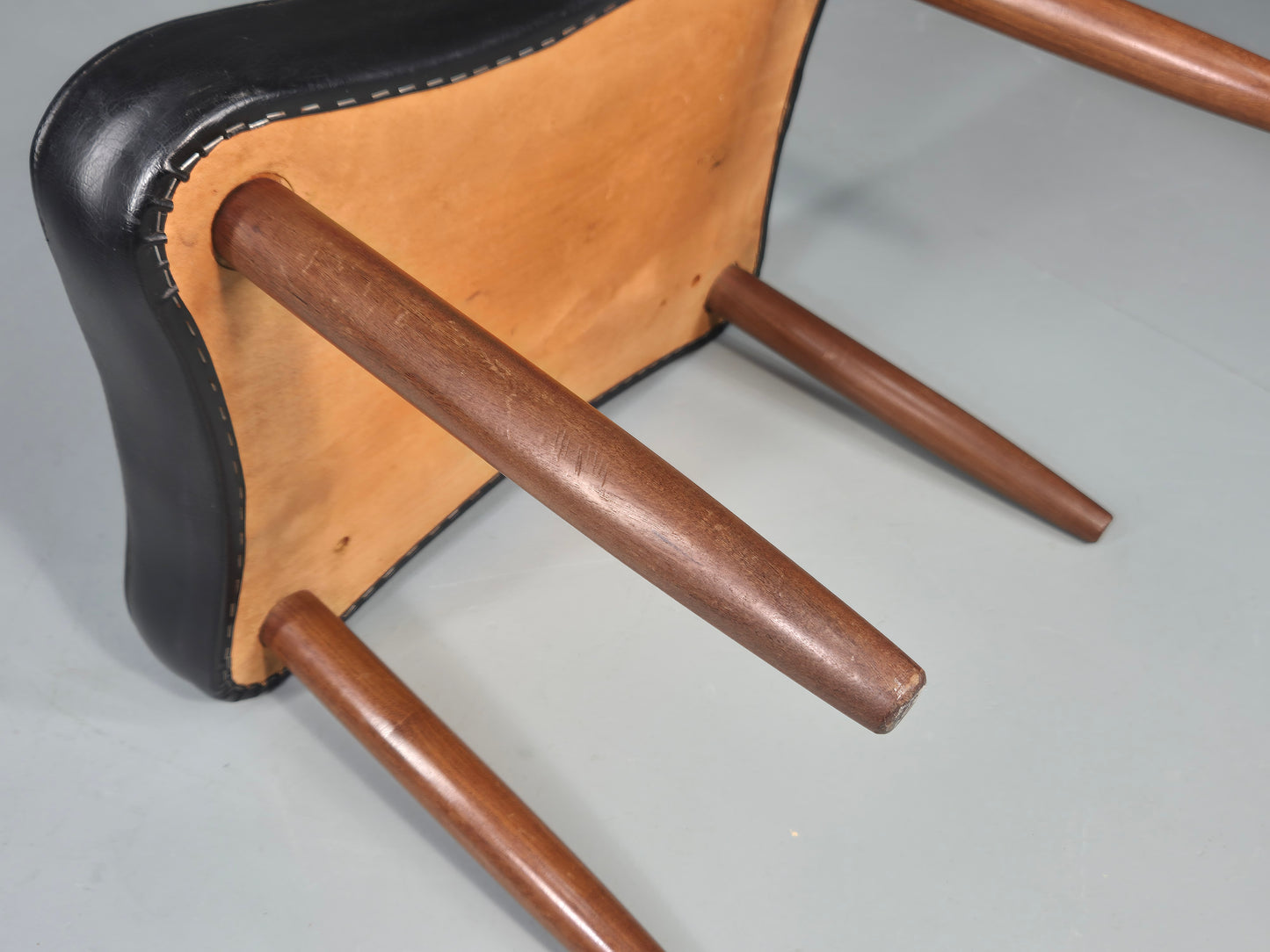 Vintage Mid Century Danish Footstool Black Vinyl Teak Legs 1960s Retro EB12025