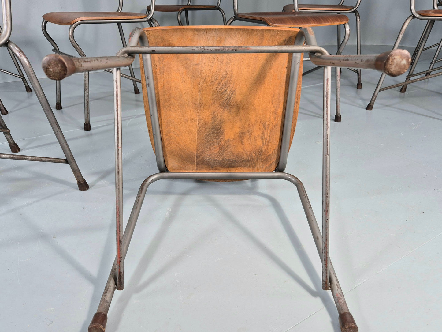 9 Vintage Danish Stacking Industrial Chairs Teak and Steel 1960s Retro EB12403